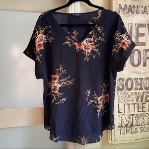 SHEIN Navy Blue Floral Short Sleeve